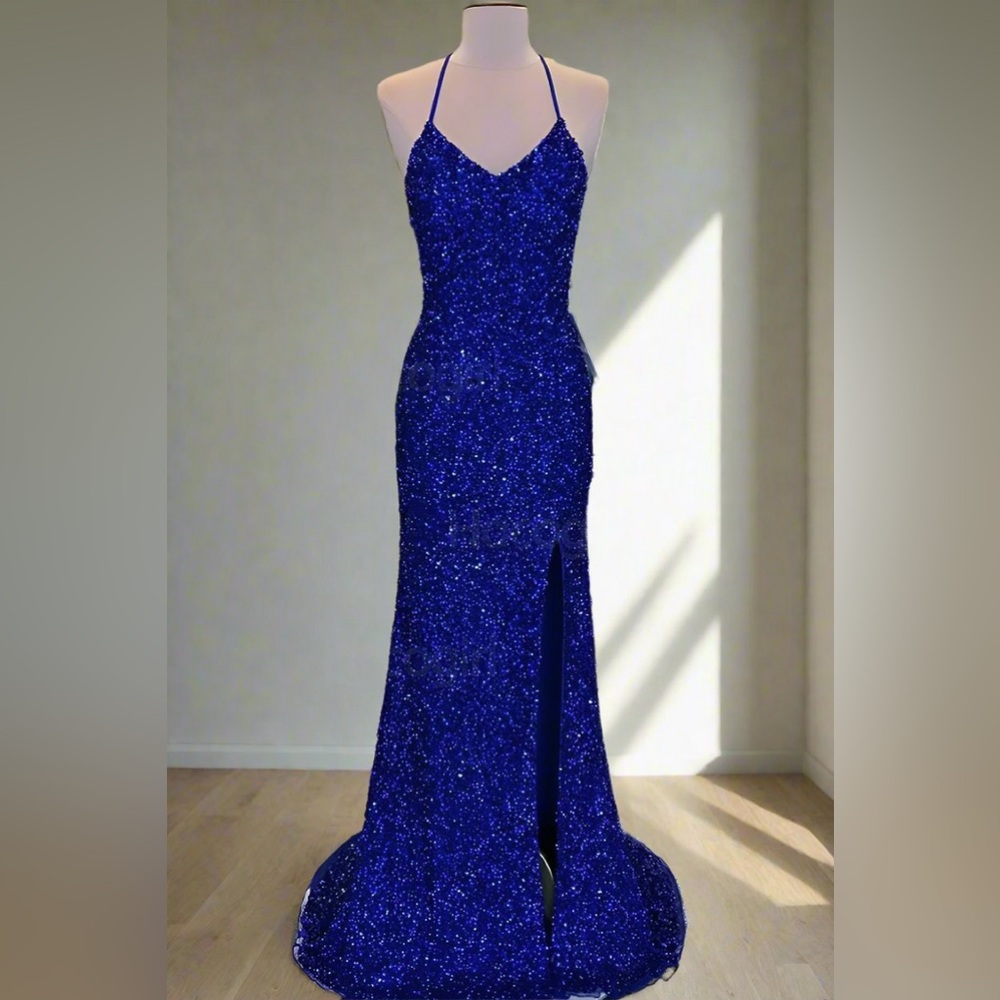 Lace-Up High Slit Royal Blue Glitters Long Party Dress
